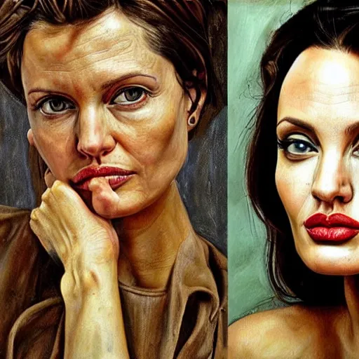 Image similar to high quality high detail painting by lucian freud, hd, angelina jolie portrait, dramatic lighting