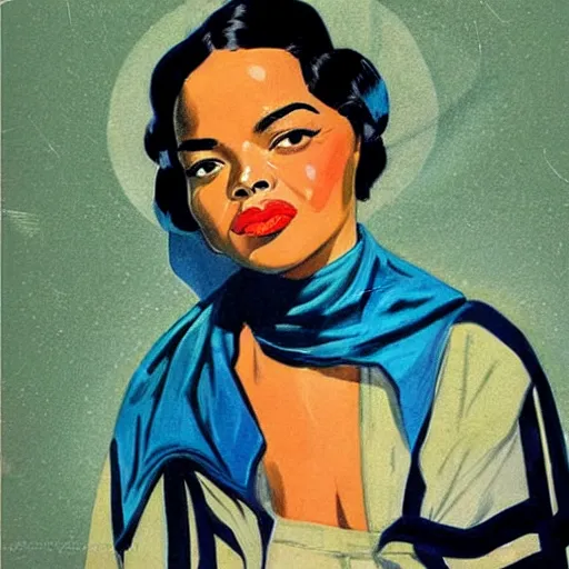 Image similar to “Tessa Thompson portrait, color vintage magazine illustration 1950”