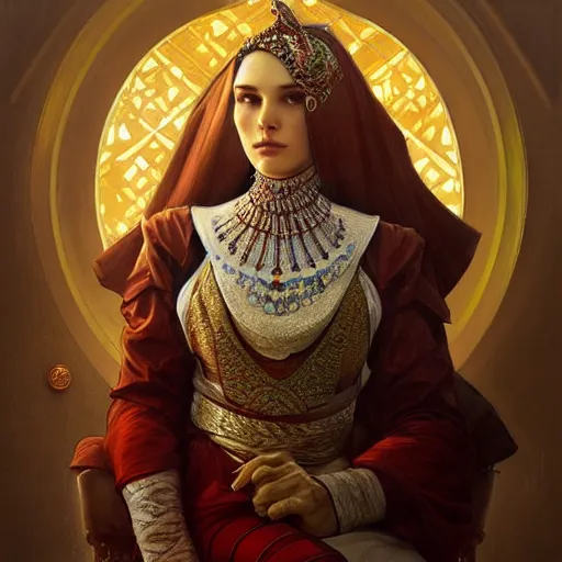 Prompt: portrait of ottoman sultan gog, female, clear face, symetrical, masculine, full body, 4 k, fantasy, intricate, elegant, highly detailed, digital painting, artstation, concept art, matte, sharp focus, illustration, art by artgerm and greg rutkowski and alphonse mucha