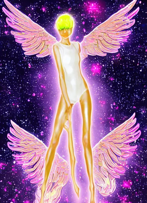 Image similar to a glowing skinny onesie suited angel spirit being, covered with pastel glitter glue slime, fashion model pose, full body maximalist cosmic eldritch character design, early computer graphics