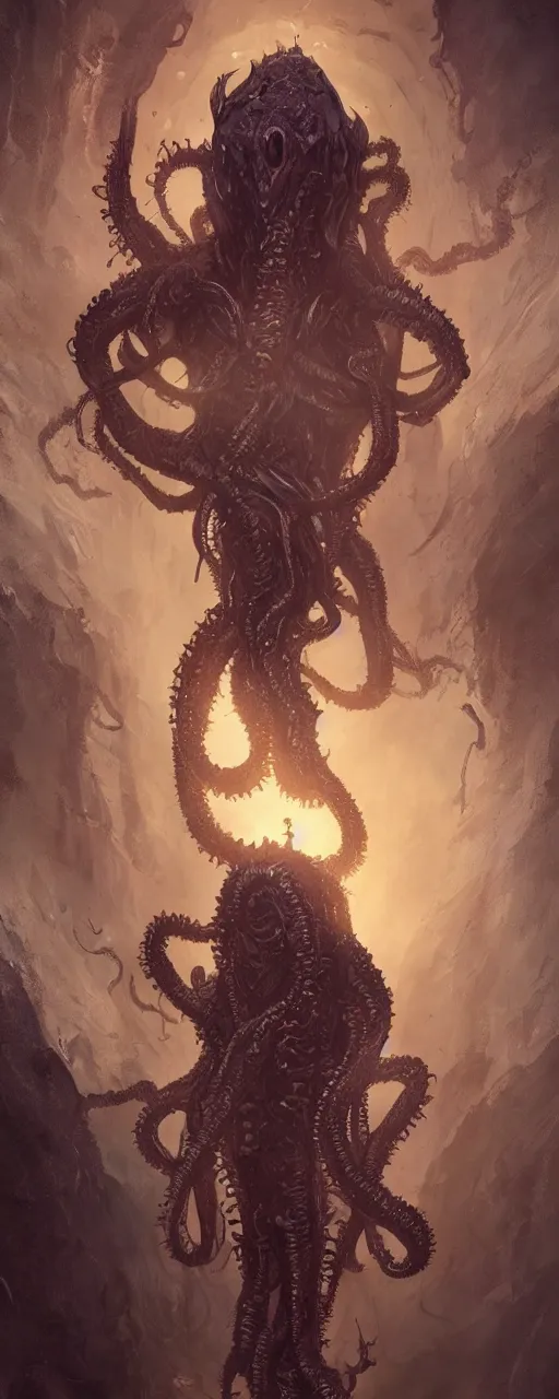 Prompt: A full body portrait of a Lovecraftian character art by Cedric Peyravernay, Grzegorz Rutkowski and Jason Chan, cosmic horror, ominous, mysterious