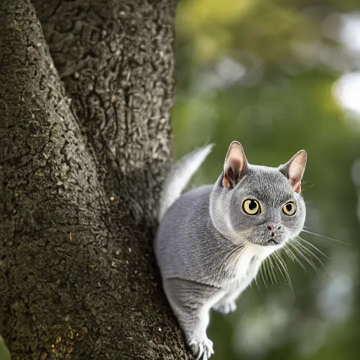 Image similar to A British Shorthair cat chasing a squirrel in a tree, realistic, close up, 8k, ultra high detail.