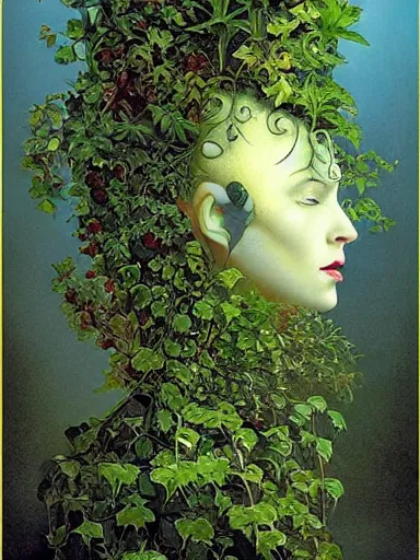 Prompt: The Hanging-Gardens of Pareidolia, lobelia, ivy, verbena and pothos growing facial features and optical-illusions, aesthetic!!!!!!!!!!!!!!!, by Chris Tulloch McCabe in the style of Gerald Brom,