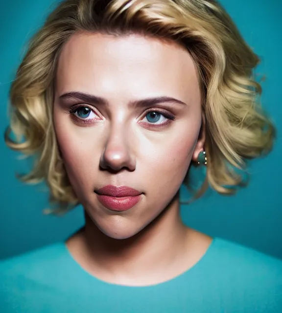 Image similar to beautiful portrait photo of Scarlett Johansson, slight smile, 85mm, teal studio backdrop