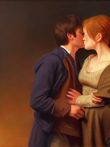 Prompt: masterpiece painting by jean hugo, of a solo individual portrait of a guy and a girl kissing, cinematic light, renaissance, atmospheric effects, artstation