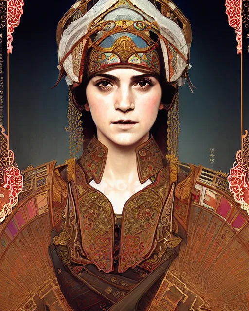 Image similar to portrait of a turkish masculine female emma watson cyberpunk machine, machine face, upper half portrait, decorated with ottoman opera motifs, muscular, asian, fine china, wuxia, traditional chinese art, intricate intense elegant, highly detailed symmetry headpiece digital painting artstation concept art smooth sharp focus illustration, art by artgerm and greg rutkowski alphonse mucha 8 k