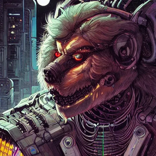 Image similar to portrait of a cybernetic werewolf warrior with white fur and power armor, cyberpunk concept art by josan gonzales and moebius and enki bilal and and dan mumford and jean claude meziere and philippe druilleg