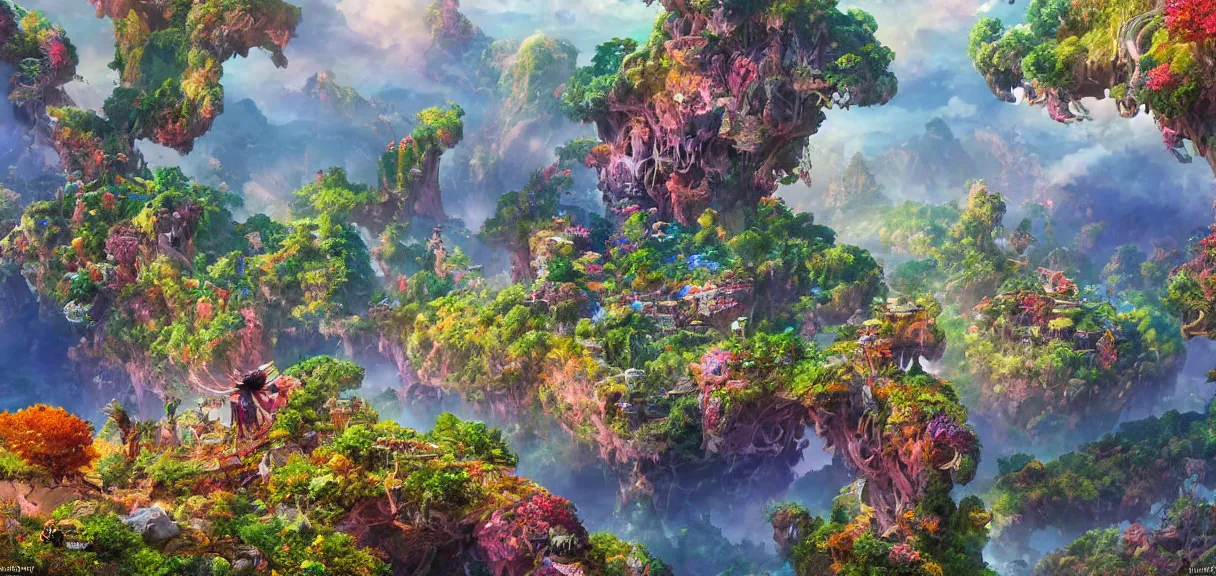 Image similar to the landscape of an unimaginable and beautiful place with all types of colorful vegetation in the clouds, beyond the physical realm, an ultrafine hyperdetailed illustration by kim jung gi, irakli nadar, intricate linework, bright colors, octopath traveler, final fantasy, unreal engine 5 highly rendered, global illumination, radiant light, detailed and intricate environment