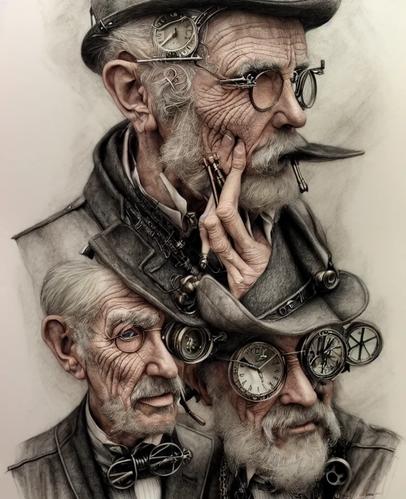 Prompt: hyper realistic full figure pencil drawing of an older man steampunk, water color, detailed, rim light, diffused, intricate, by anna dittmann,