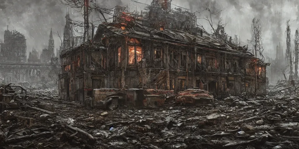 Prompt: A building made out of flesh as concept art for Metro Exodus, raining blood, flesh buildings, buildings made from meat, oil painting, painting by Viktor Vasnetsov, concept art, dark cityscape, horror architecture, painting by Ivan Shishkin and Alphonse Mucha, hyperborea, high resolution, trending on artstation,