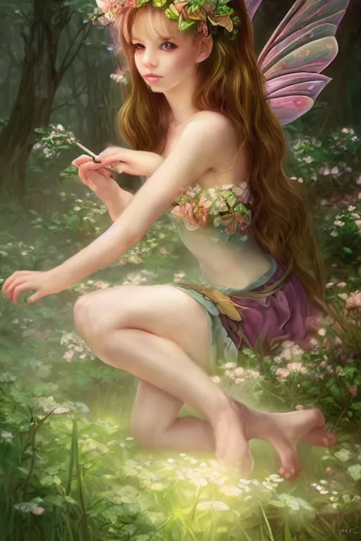 Image similar to a cute fairy in the dreamy forest, fantasy, 8 k resolution, hyper detailed, d & d, character design, digital painting, trending on artstation, sharp focus, illustration, art by artgerm, steve zheng, fuji choko, viktoria gavrilenko, hoang lap