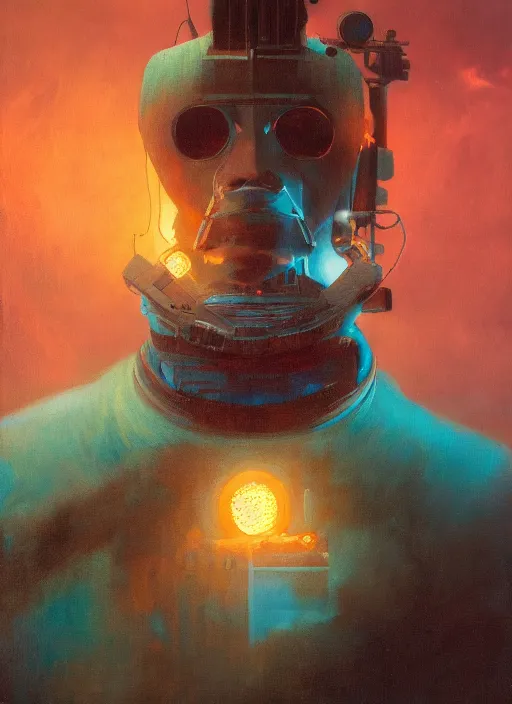 Prompt: portrait of bomba cybersisi, cinematic light, looking to the side off camera, backlight glow, teal orange, mist, by gerald brom, by mikhail vrubel, by alex andreev, by peter elson, muted colors, extreme detail, trending on artstation, 8 k