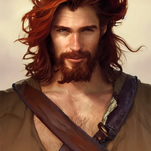 Prompt: portrait of a young ruggedly handsome but joyful pirate, male, masculine, upper body, red hair, long hair, d & d, fantasy, soft smirk, intricate, elegant, highly detailed, digital painting, artstation, concept art, matte, sharp focus, illustration, art by artgerm and greg rutkowski and alphonse mucha