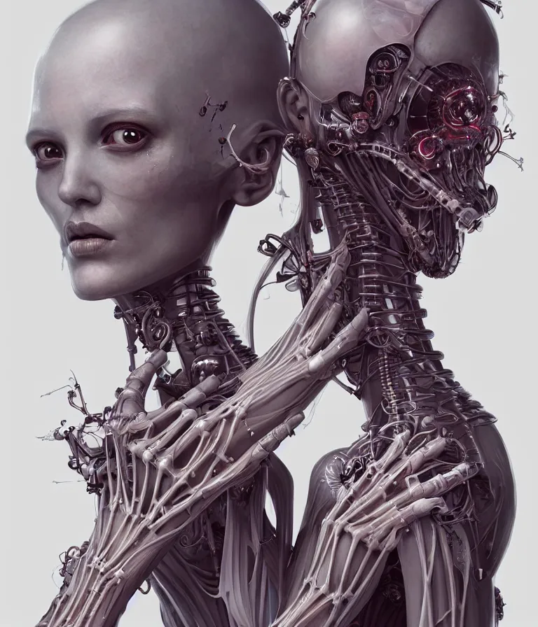 Prompt: fully symmetrical centered portrait of a beautiful princess in robe. artificial muscles, ribcage, bones, hard surface modelling. cyberpunk look. biomechanical mask. bio luminescent biomechanical halo around head. jellyfish. artwork by jarold Sng by artgerm, by Eddie Mendoza, by Peter mohrbacher by tooth wu, unreal engine, octane render, cinematic light, iridescent details, iridescent colors, dichroic, macro, depth of field, blur