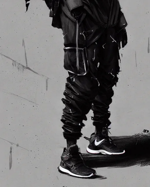 Image similar to Medium shot of a character wearing Nike ACG+Acronym P31-DS Pants in the style of greg rutkowski