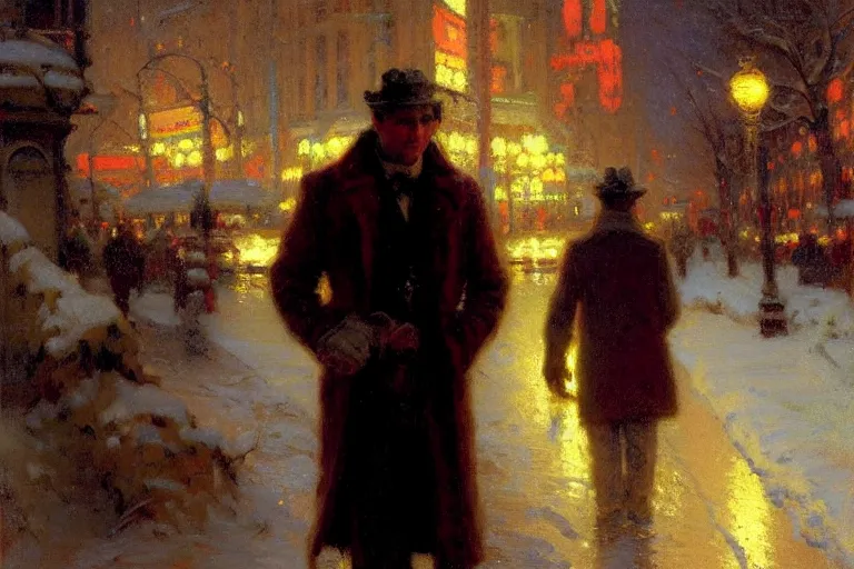 Image similar to winter, attractive male, neon light, painting by gaston bussiere, craig mullins, j. c. leyendecker