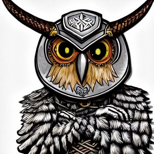 Image similar to A highly detailed, cute anthropomorphic owl wearing a horned viking helmet and shield. Commission by Juliano.