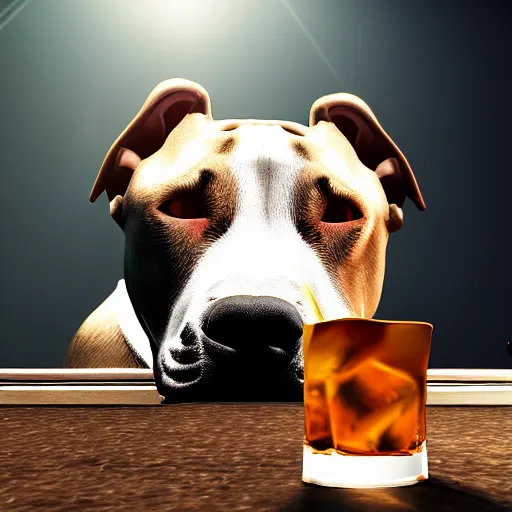 Image similar to pitbull dog drinks whiskey, real life, realistic, detailed, 4 k,