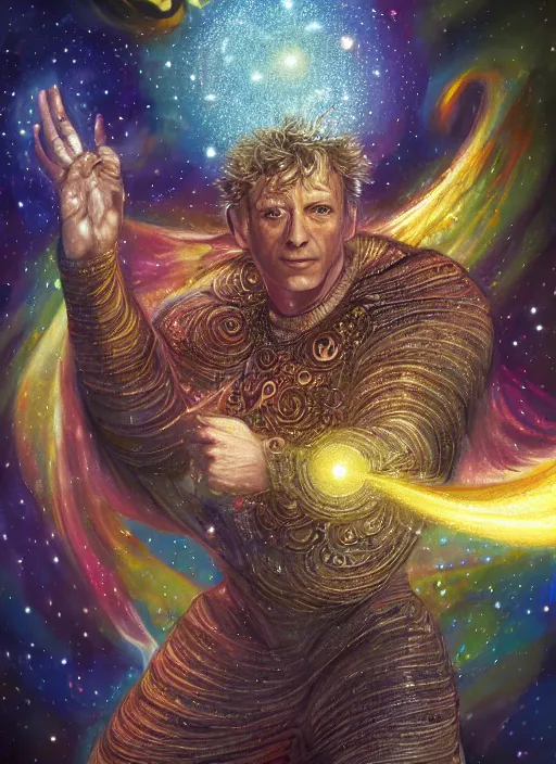 Image similar to high intricate digital paint of the sandman holding a glimmering galaxy, full shot, neil gaiman, maria panfilova, andrea savchenko, mike kime, ludovic plouffe, qi sheng luo, oliver cook, julian calle, eddie mendoza, trending on artstation