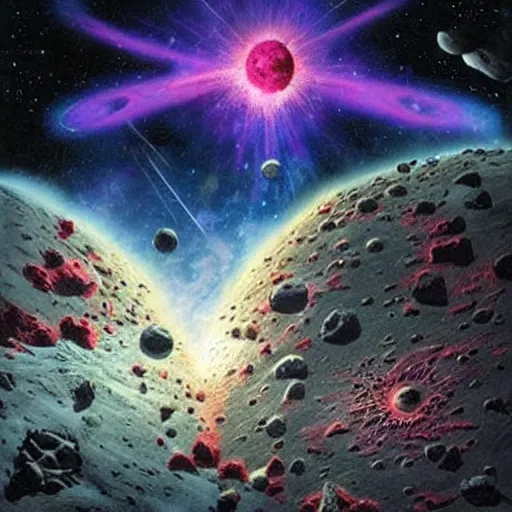 Image similar to asteroids floating in outer space, a dark gothic castle on top of an asteroid, red and purple nebula, Dan Seagrave art
