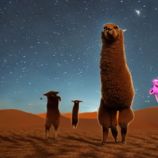 Prompt: cultists dancing surrounds a huge alpaca in desert at night