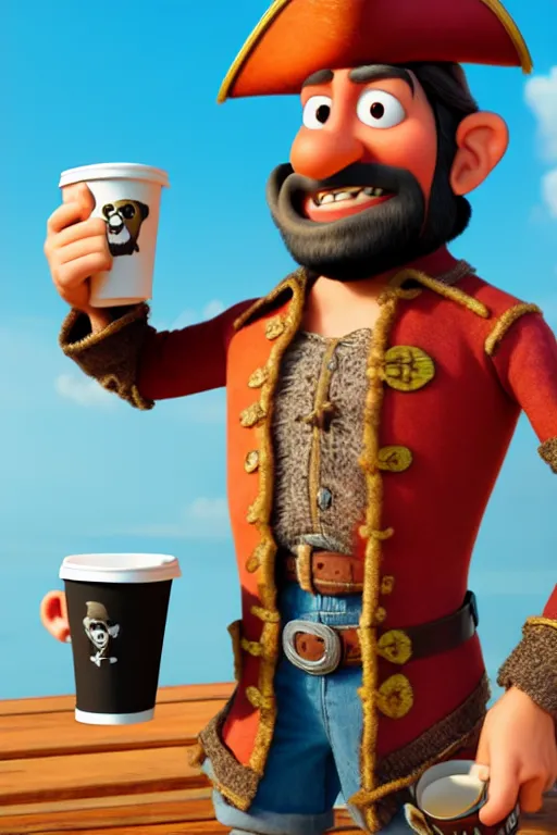 Prompt: portrait of the pirate blackbeard holding a cup of coffee, full body with a pirate ship on background. pixar disney 4 k 3 d render funny animation movie oscar winning trending on artstation and behance. ratatouille style.