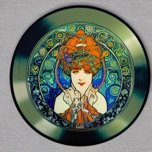 Prompt: trippy vinyl record picture disk designed by mucha, art nouveau style