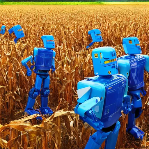 Image similar to a photo of transformers wearing a straw hat blue overalls in the corn field, robots, humanoid, star wars, chappie, farming, photorealistic, 8 k