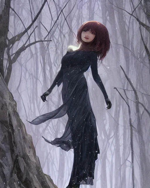 Prompt: elsa, winter, somber, sad, black dress, low light, foggy at dawn, sunlight visible through tree leaves, misty, magic, atmospheric art by artgerm and greg rutkowski and alphonse mucha and by artgerm, by studio muti, greg rutkowski makoto shinkai takashi takeuchi,