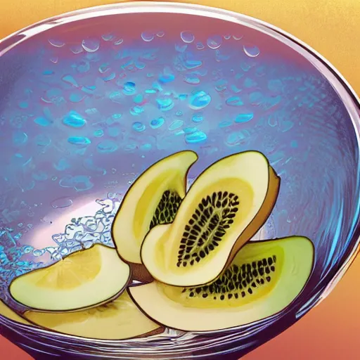 Prompt: close up of large clear bowl full of water with kiwifruit slices floating in it. 4K award winning photorealistic concept art. smooth, sharp focus, illustration, art by artgerm and moebius and alphonse mucha 3/4 view. infomercial. promotional. clear photography. 8k.
