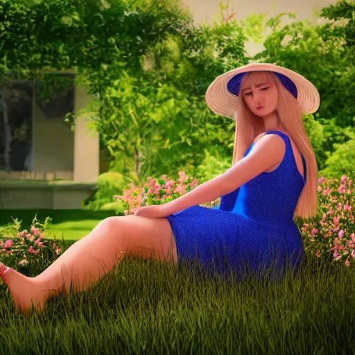 Prompt: blonde girl in a blue dress and a sun hat sitting barefoot in a garden, hyperdetailed, cinematic, kinemacolor, artstation, 8 k