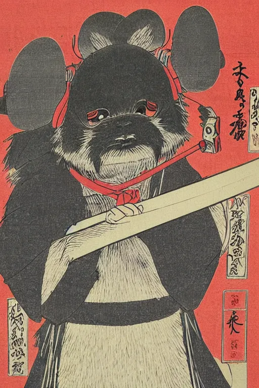 Image similar to Japanese woodblock print of Wicket the Ewok holding a samurai sword , cherry blossom, Hokusai