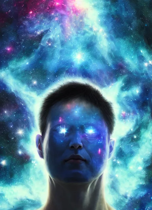 Image similar to nebula consciousness as a giant, stars surround him, interesting angle, sharp focus, 8 k high definition, insanely detailed, intricate, art by kazuya takahashi, fenghua zhong, sangsoo jeong, kevin hou