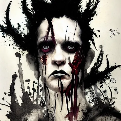 Image similar to gaunt ( the cure fan ) as dream from sandman, dim stars as eyes, by jeremy mann, by cedric peyravernay, by by russ mills, by richard avedon and ben templesmith, dramatic lightning, sadness, dark eye sockets, in the shadows, punk rock, gothic, high detailed, 8 k