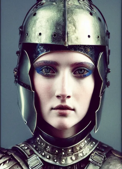 Prompt: close - up portrait of female roman gladiator with helmet and armor, art by paolo roversi