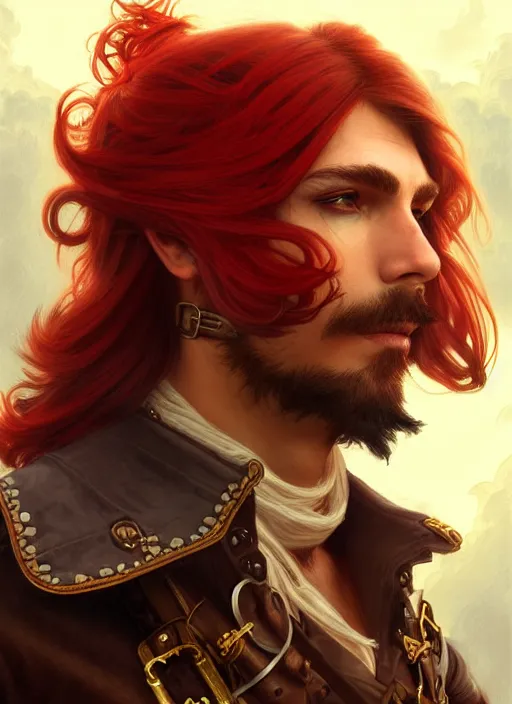 Prompt: 3/4 headshot of male airship pirate, D&D, handsome, fantasy, intricate, long hair, airship, steampunk, red hair, elegant, highly detailed, digital painting, artstation, concept art, smooth, sharp focus, illustration, art by artgerm and greg rutkowski and alphonse mucha