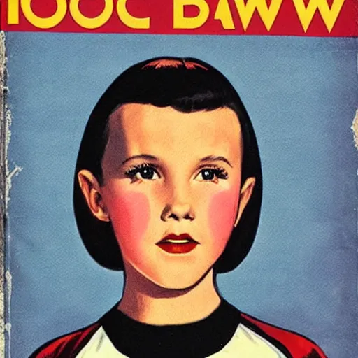 Prompt: “Millie Bobby Brown portrait, color vintage magazine illustration 1950”