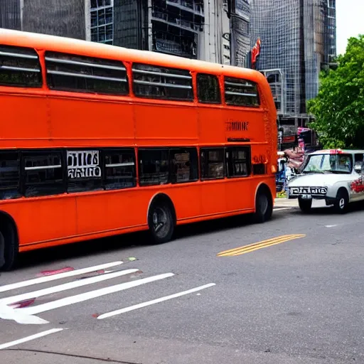 Image similar to Twopart buses, new on the routes, creep the crosstown blocks like giant insects.