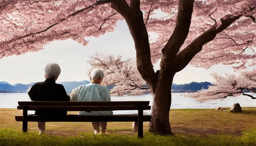 Image similar to back view of an old japanese couple watching sunset while sitting on the bench, cherry blossoms, village in the horizon, lake, paint by osamu tezuka, hyperdetailed, artstation, cgsociety, 8 k