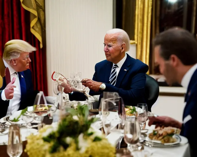 Image similar to Trump and Biden having dinner at a fancy Greek restaurant, award winning cinematic photography, 50 mm, blurred background, trending on twitter