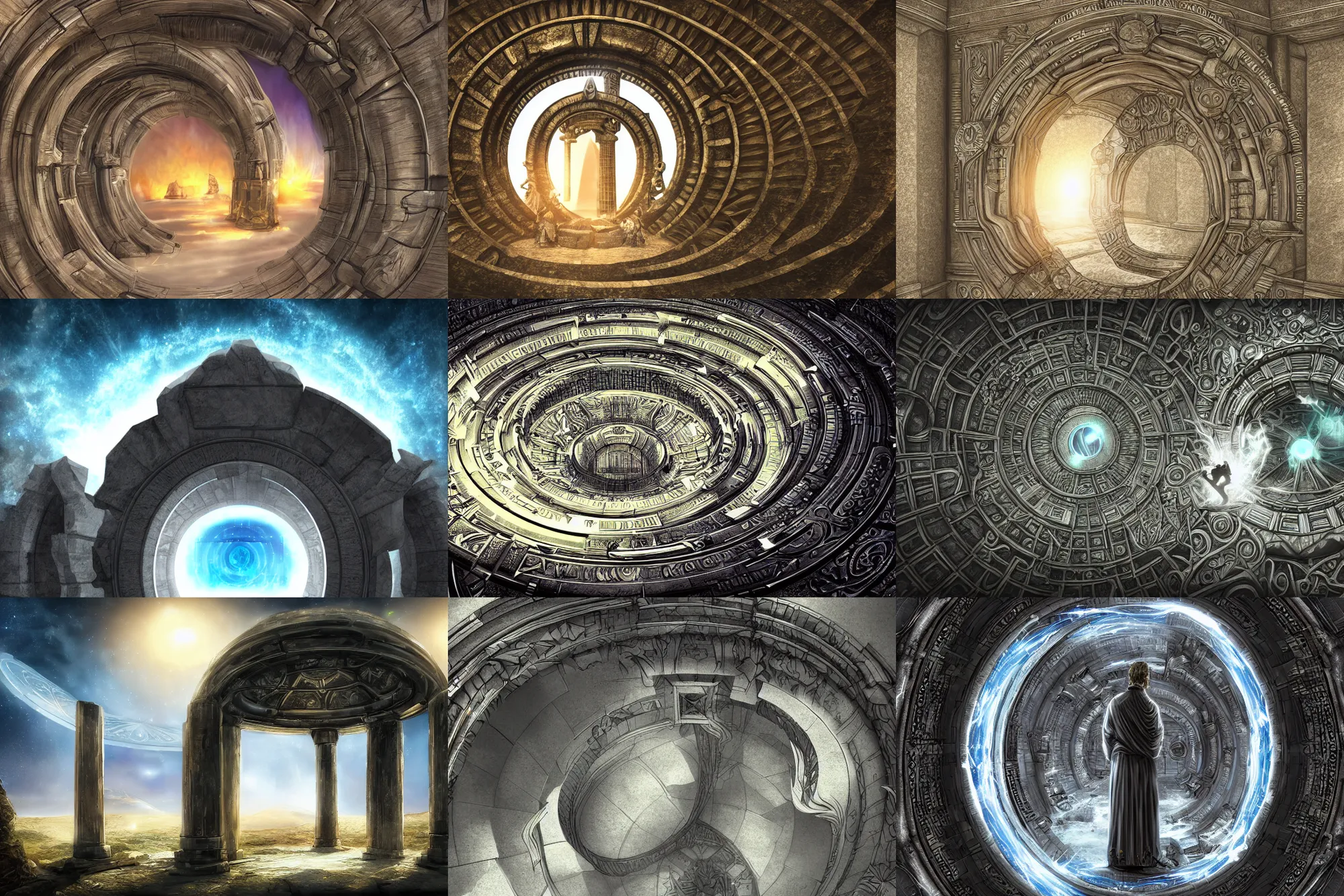 Prompt: a stargate in a olympus temple leads to another dimension, portal, gate, dimension, arstation, hd, detailed digital art