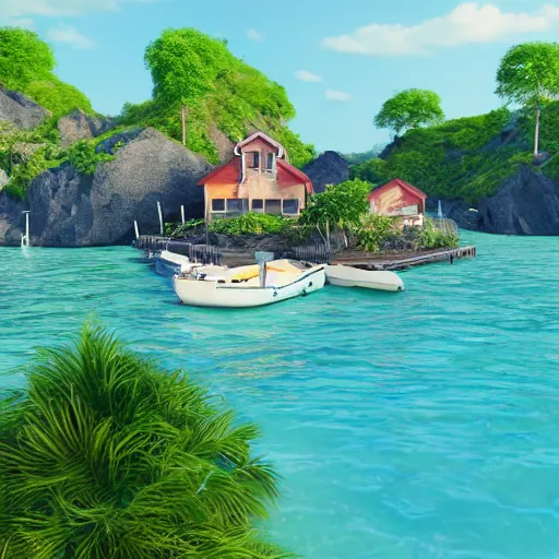 Image similar to utopian beach with small houses, women, naturist, boats, realistic, unreal engine, artstation, octane render.