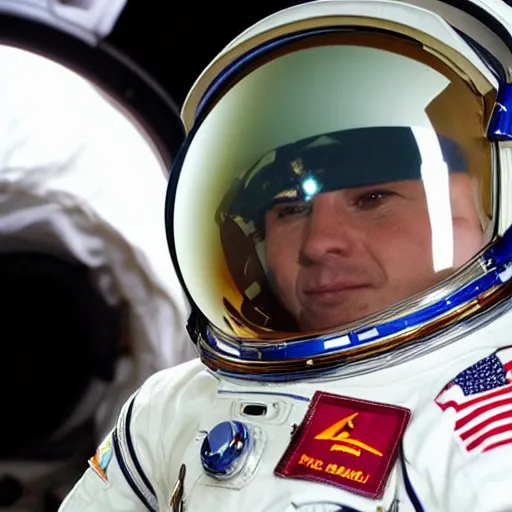 Image similar to a close up photo of an astronaut floating in space. his helmet visor is dark and reflective. you can see the reflection of the photographer in his helmet visor.