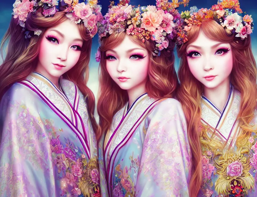 Image similar to two beautiful fashion siberian girls wear fantasy kimono in festival | | big eyes, sunny, dreamlike art, realistic shaded, smile, good looking, hyper details, 4 k realistic, cryengine, realistic shaded lighting poster by artgerm, ross tran, fuji choko, loish, 8 k resolution, trending on artstation, luxury