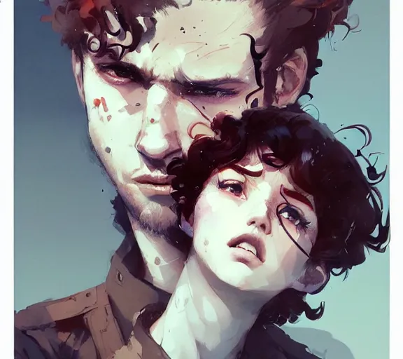 Prompt: portrait men with red curly hair and bright eyes atey ghailan, by greg rutkowski, by greg tocchini, by james gilleard, by joe fenton, by kaethe butcher, by ashley wood, dynamic lighting, gradient light blue, brown, blonde cream and white color scheme, grunge aesthetic