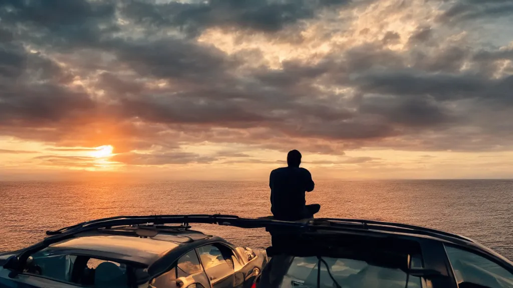 Image similar to a movie still of a man sitting on the roof of a car while driving through the ocean at sunset, golden hour