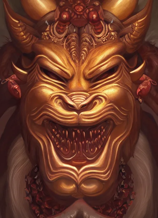 Prompt: a beautiful detailed oil on copper art illustration of a oni hannya mask shogun bear devil woman, centered, by charlie bowater, zeng fanzh, trending on artstation, dim dusk lighting, cinematic lighting, detailed lighting, volumetric lighting, realistic, f 8, 4 k hd wallpaper