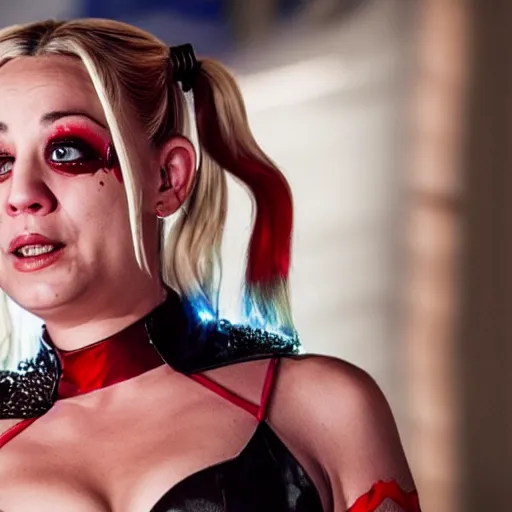 Image similar to A still of Kaley Cuoco portraying Harley Quinn