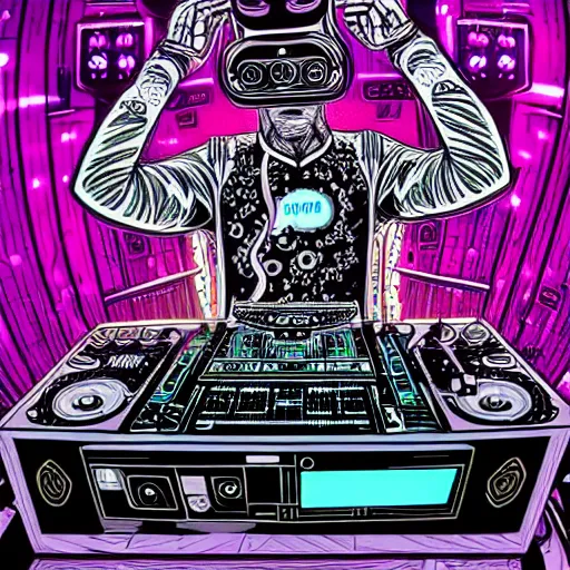 Image similar to intricate detailed artwork of a futuristic hardstyle music dj at an festival indoor rave, stage, in the style of Geof Darrow, VR headset, wires, speakers, neon