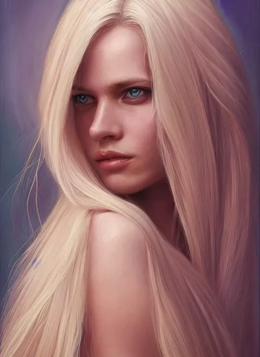 Prompt: a painting of a woman with long blonde hair, a photorealistic painting by magali villeneuve, featured on cgsociety, fantasy art, detailed painting, photorealistic